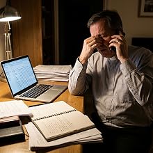 Series of dimly lit scenes showing someone working late at a desk with laptop and documents, emphasizing strain and fatigue in low-light conditions.